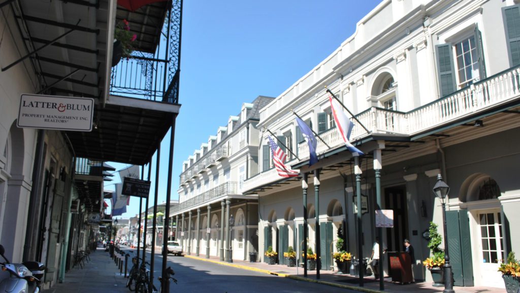 a street with flags on it