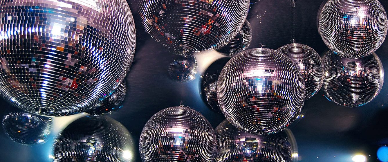 a group of disco balls