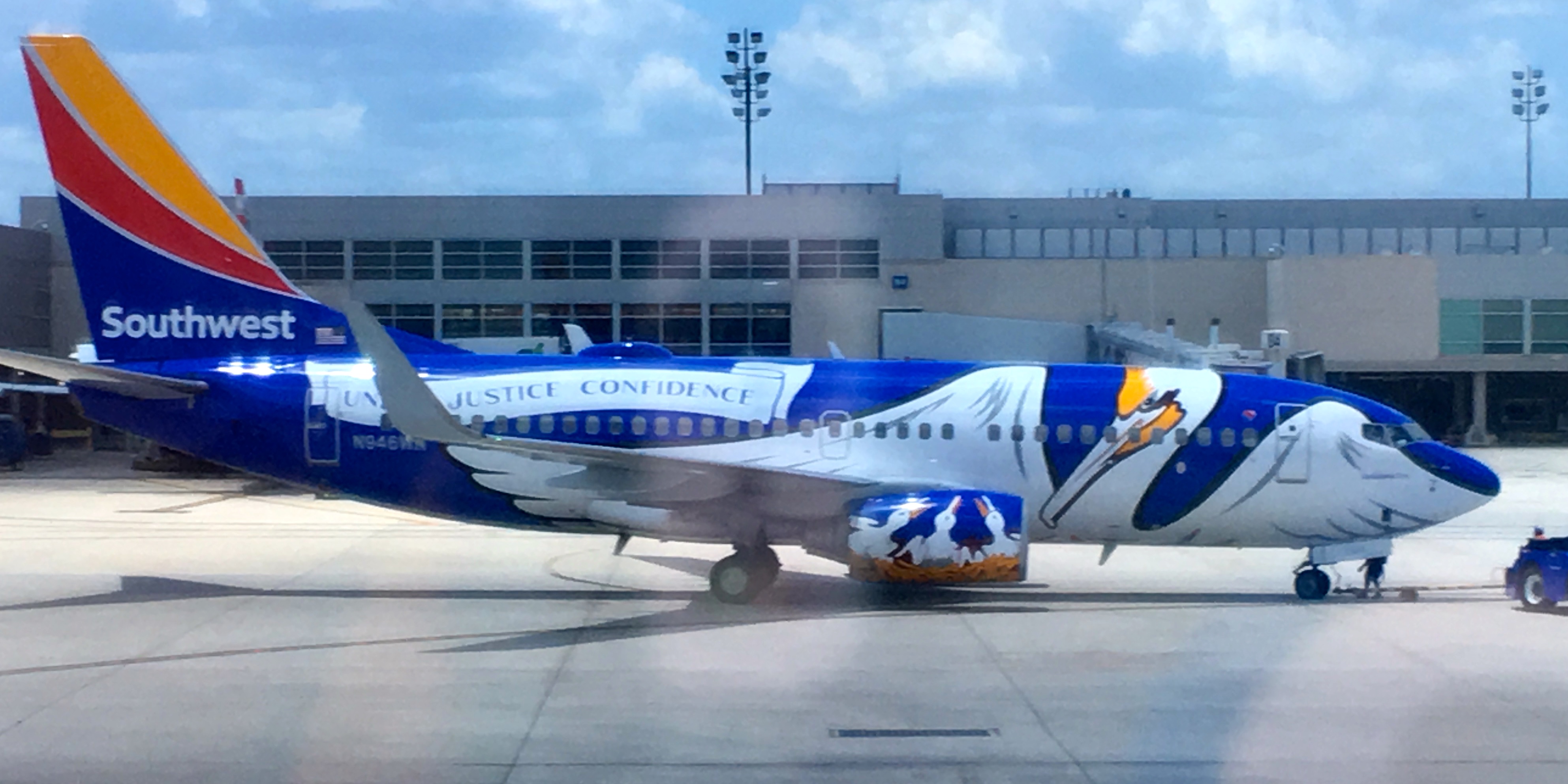 a blue and white airplane with a white design on it