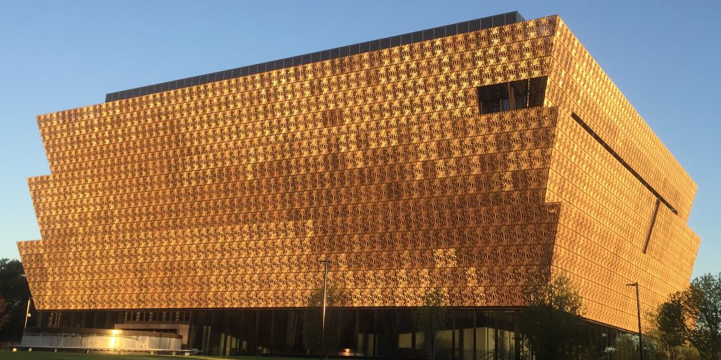 a building with a gold pattern