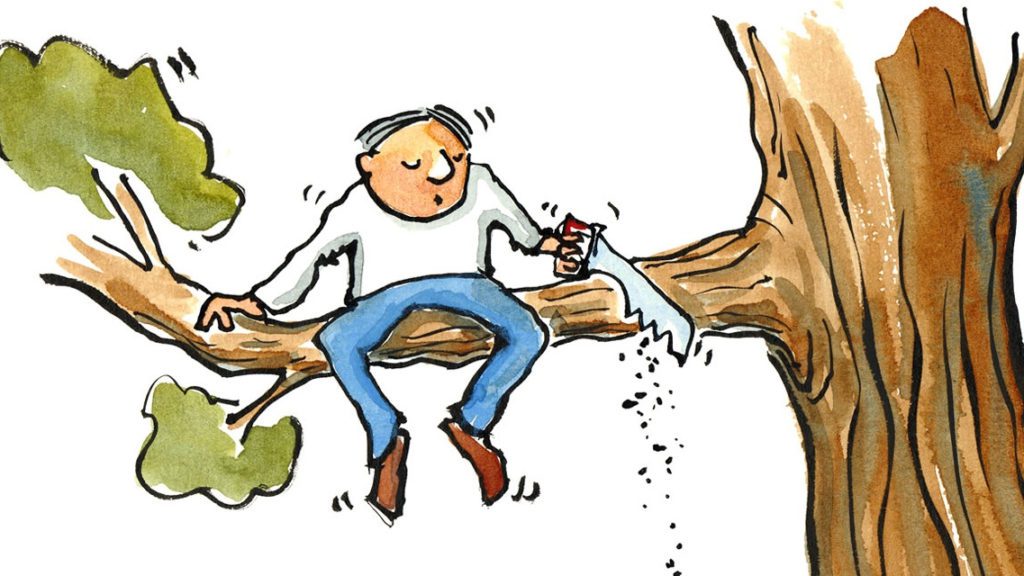 a cartoon of a man sitting on a tree branch