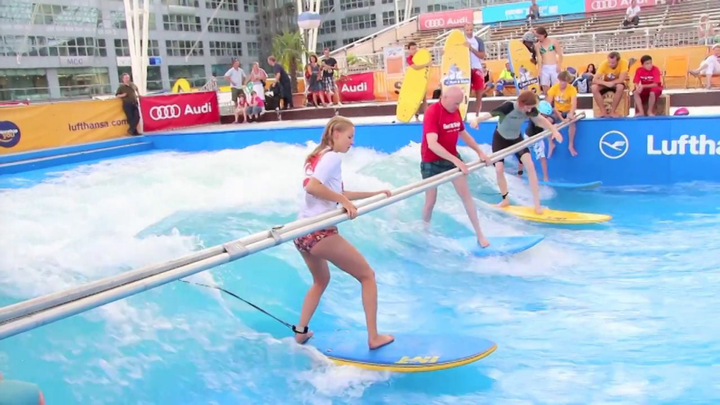 a group of people on surfboards in a pool