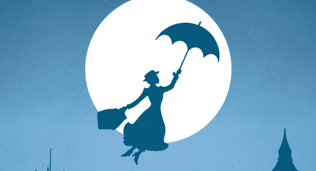 a silhouette of a woman flying with an umbrella