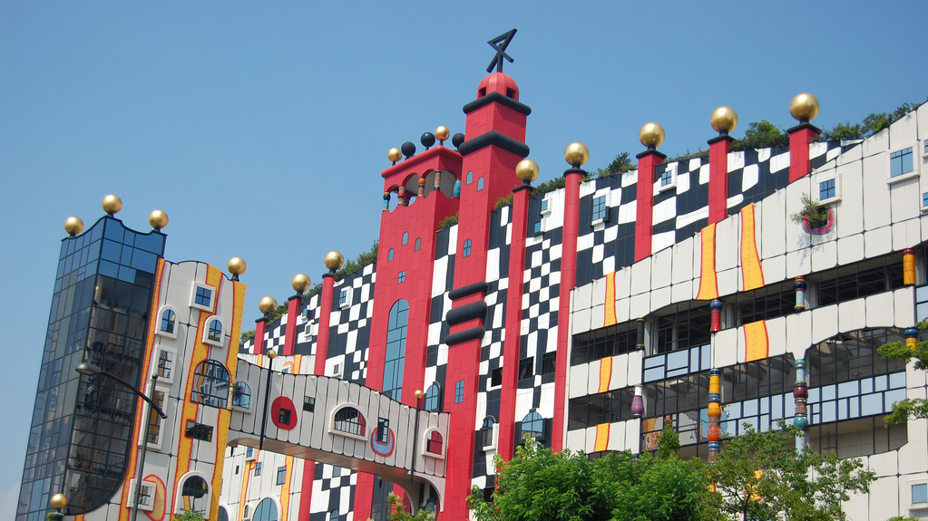 a multi-colored building with a black and white design