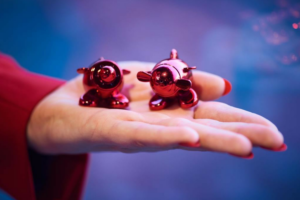 a person holding a pair of small red objects