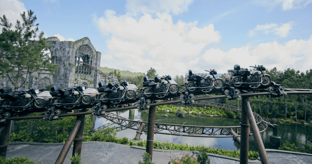 a group of motorcycles on a roller coaster