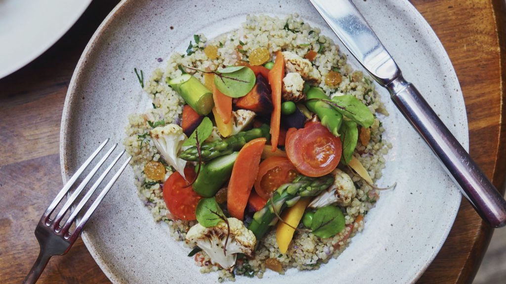 a plate of food with a fork and knife