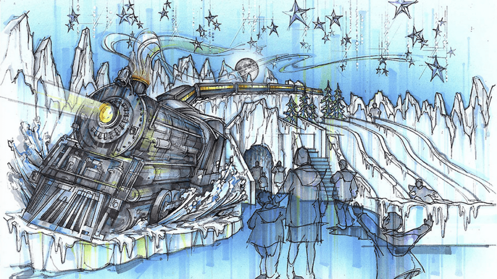 a drawing of a train going up a snowy mountain