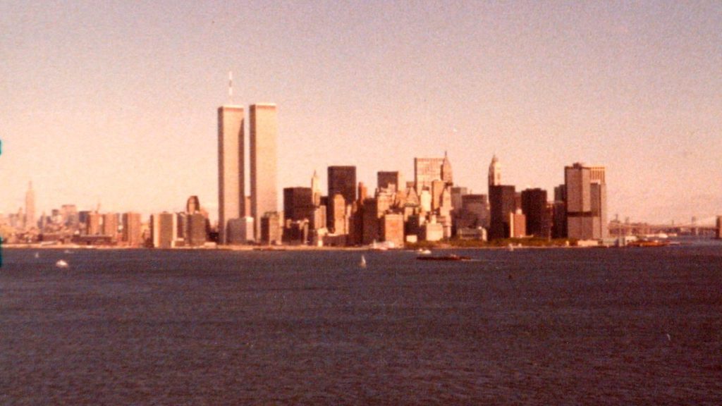 a city skyline with two towers