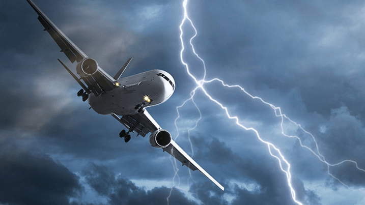 a plane flying in the sky with lightning