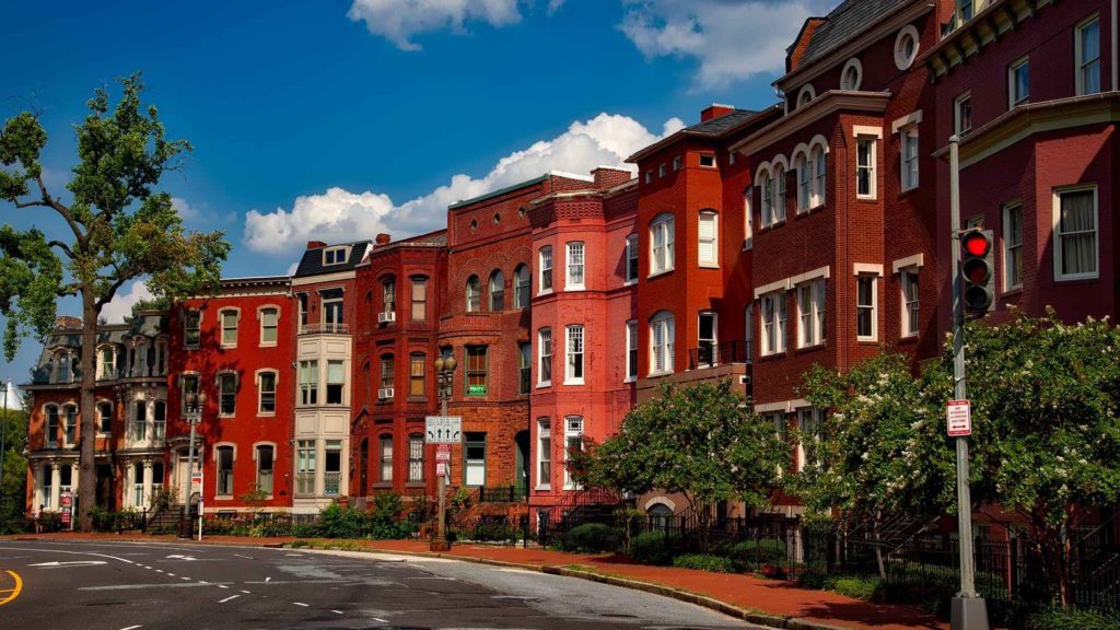 a row of red buildings