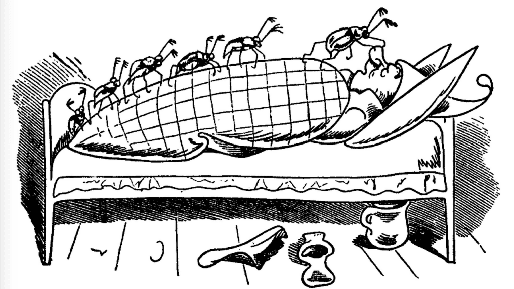 a cartoon of a man sleeping with bugs on his back