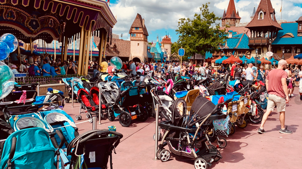 a group of baby strollers in a park