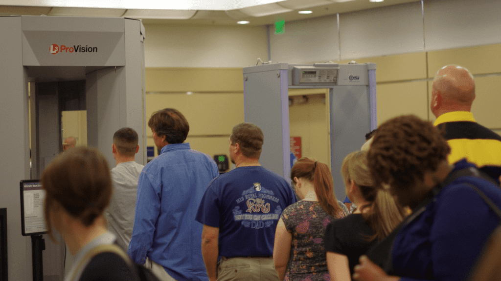 a group of people standing in a room