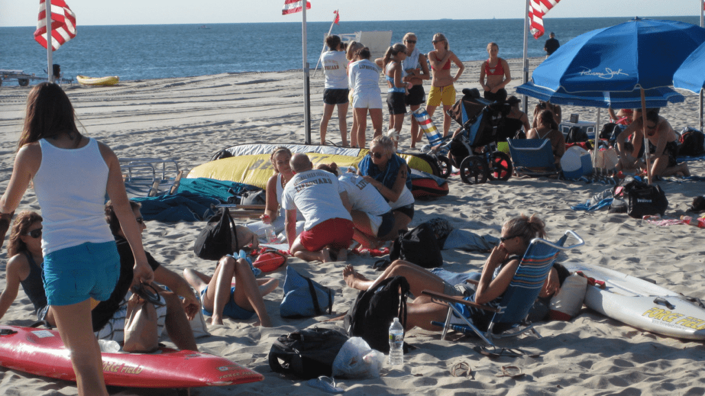 a group of people on a beach