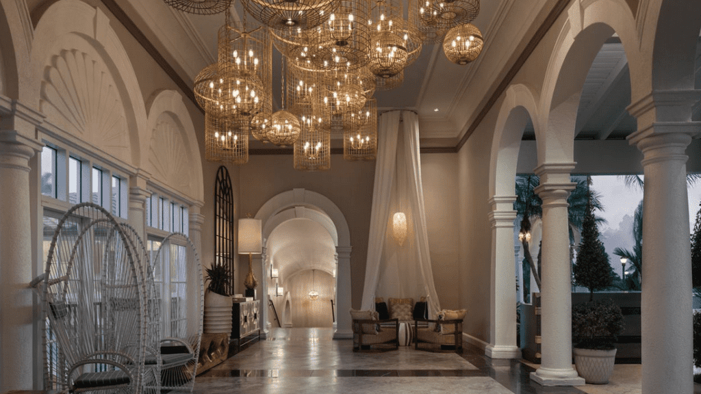a large chandelier in a hallway