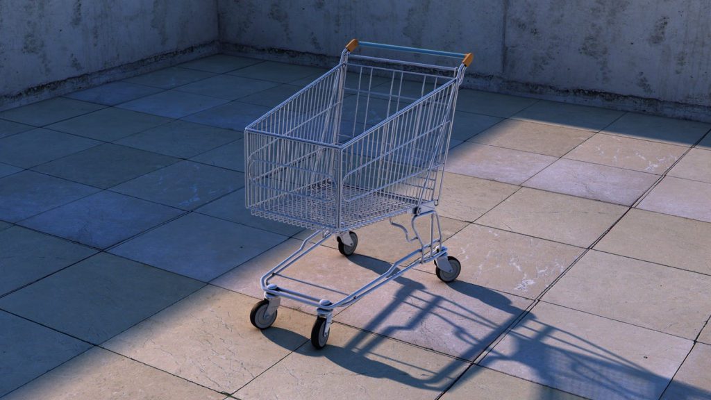 a shopping cart on a tile floor