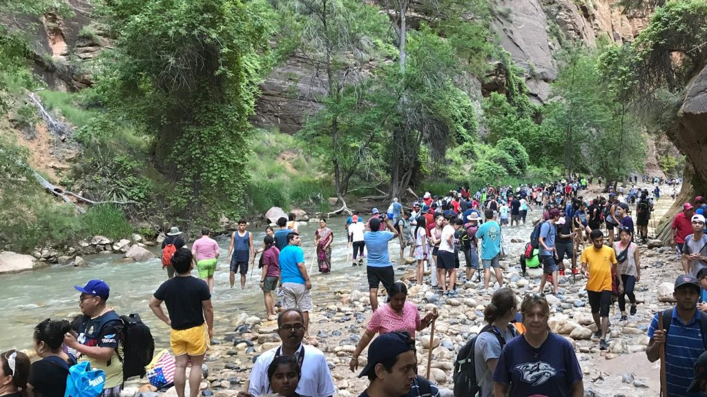 a group of people standing in a river