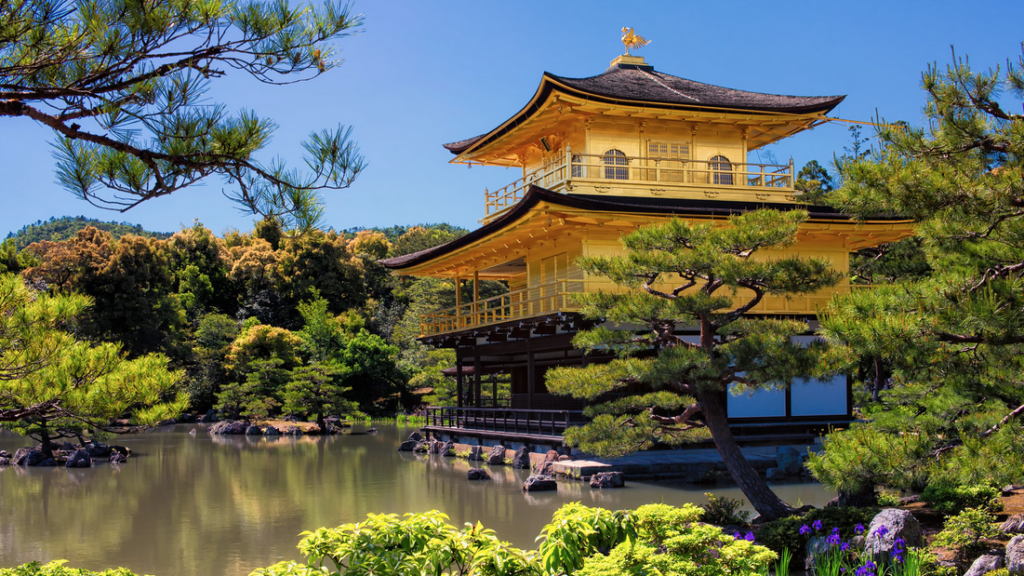 Kinkaku-ji with a yellow roof surrounded by water