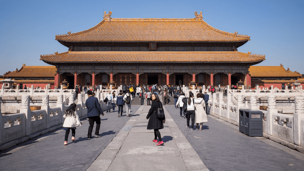 a group of people walking in front of Forbidden City