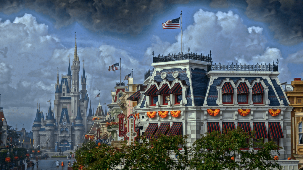 a castle with flags on top of it