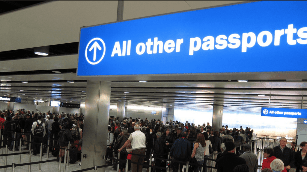 a group of people in an airport