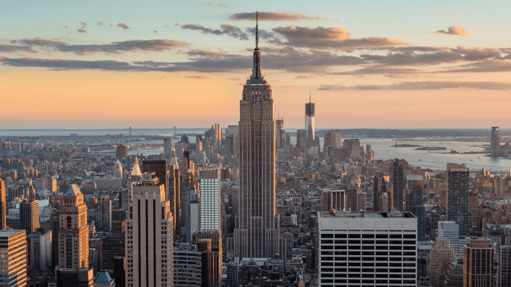 a city skyline with tall buildings