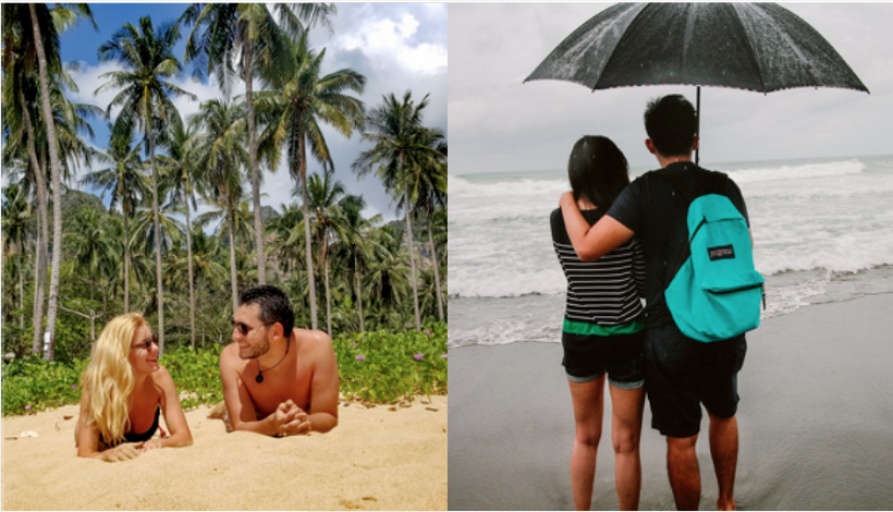 a collage of a couple of people on a beach