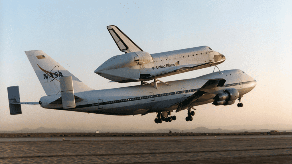 a space shuttle on top of a plane