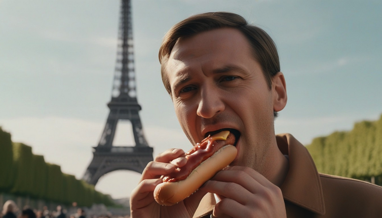 a man eating a hot dog in front of a tower