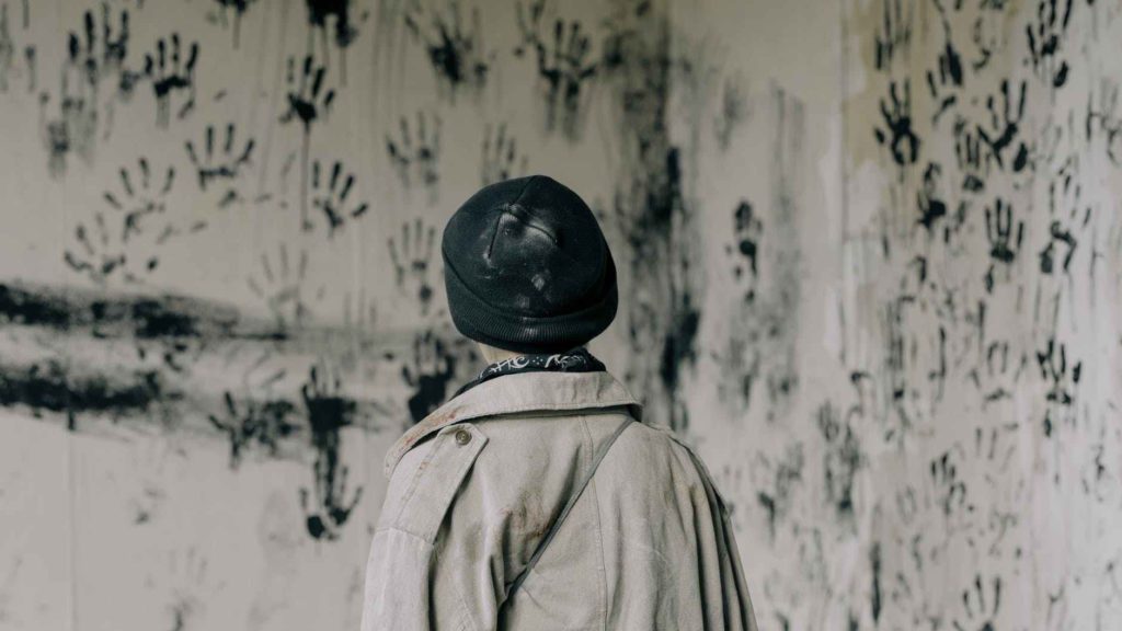 a person in a hat and coat looking at a wall with hand prints