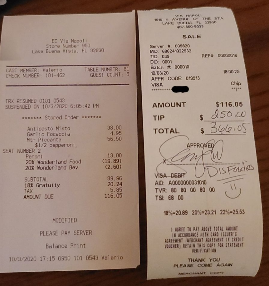 a receipt of a restaurant