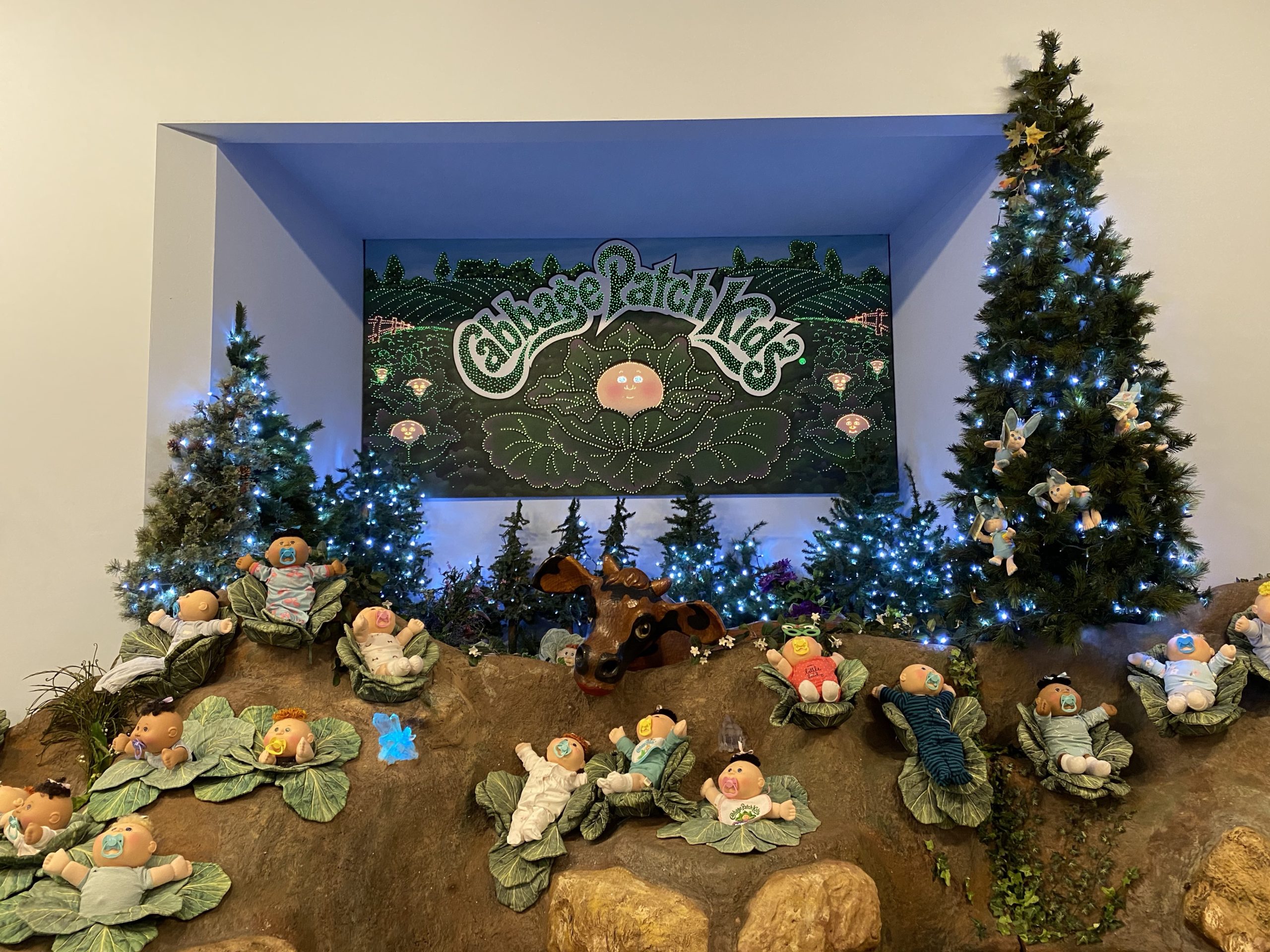 a display of baby dolls and trees