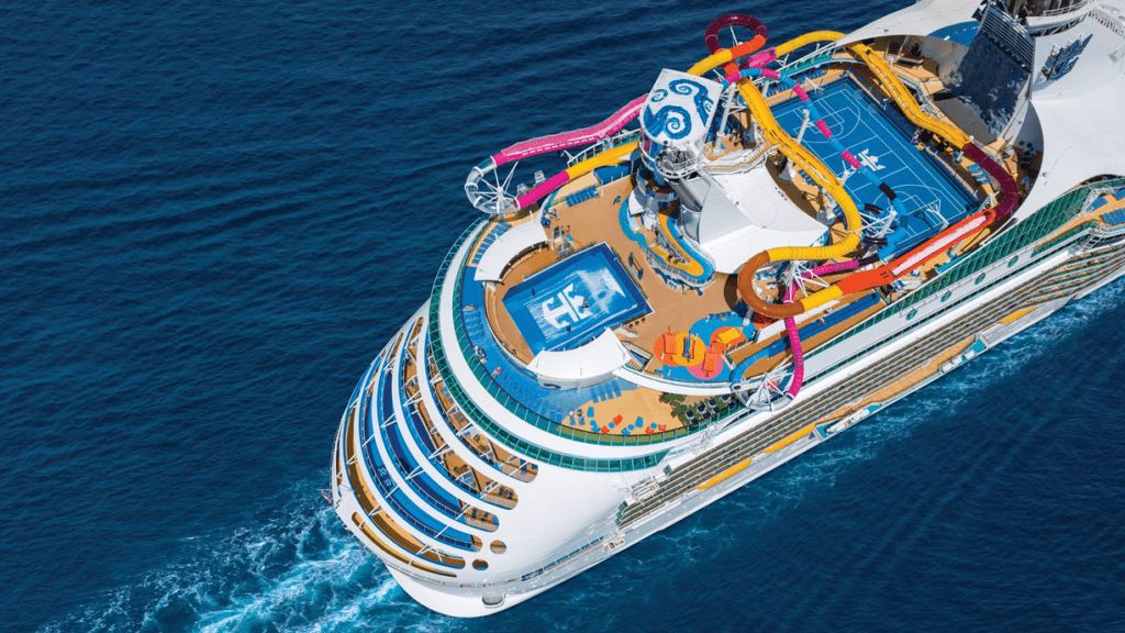 a cruise ship with a water slide