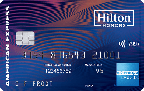 a credit card with a blue and red background