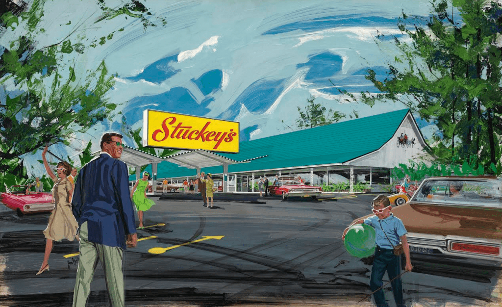 a man and child in front of a restaurant