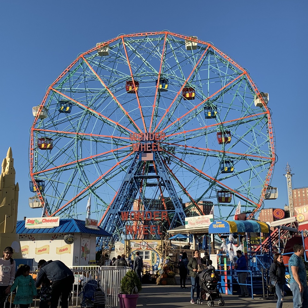 a ferris wheel at a carnival with Coney Island in the background
