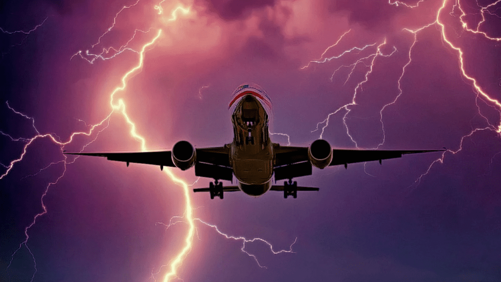 a plane flying in the sky with lightning