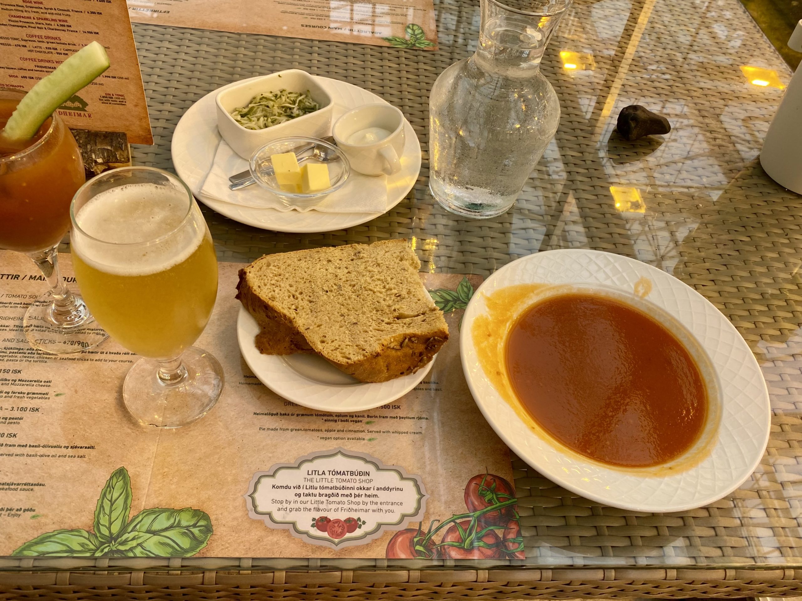 a plate of soup and bread on a table