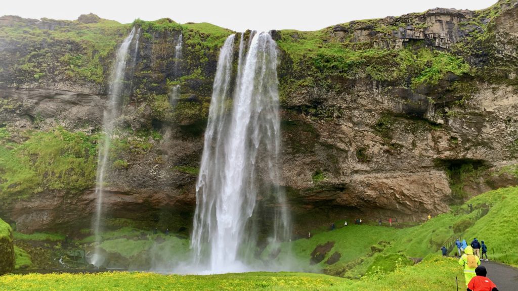 a waterfall in a grassy area