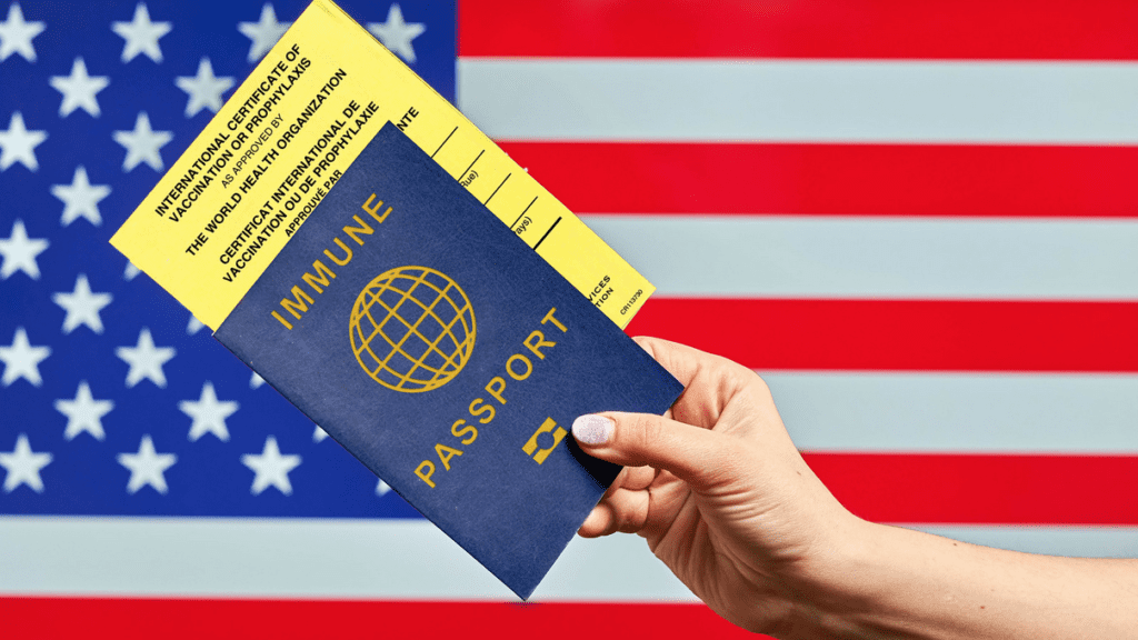 a hand holding a passport and a passport with a flag in the background