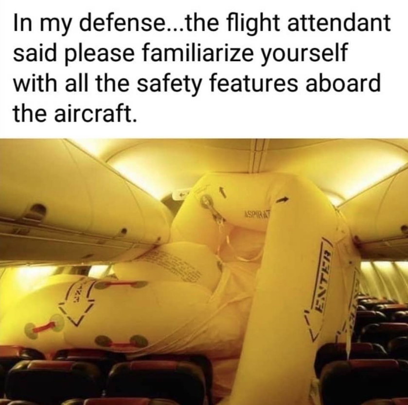 an inflatable object inside of an airplane