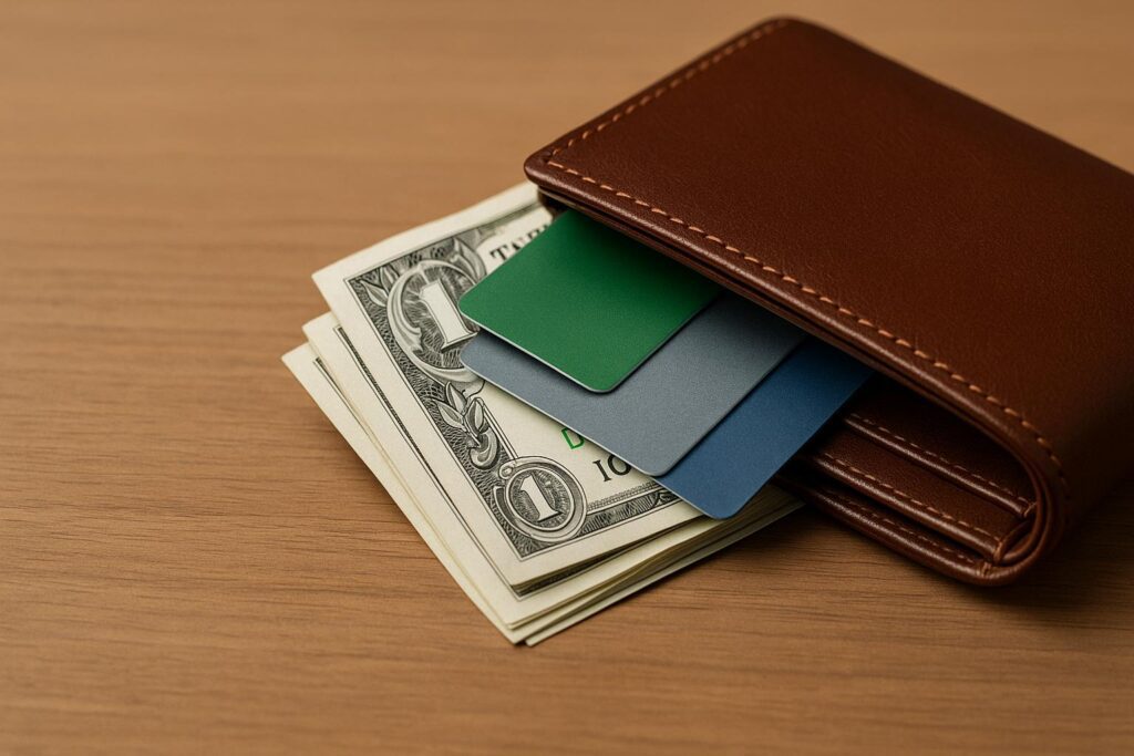 a wallet with money and credit cards
