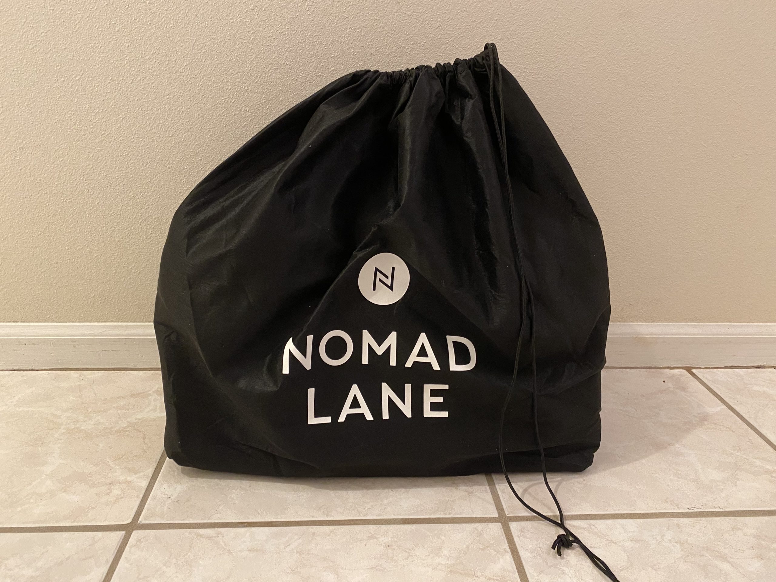 a black bag with white text on it