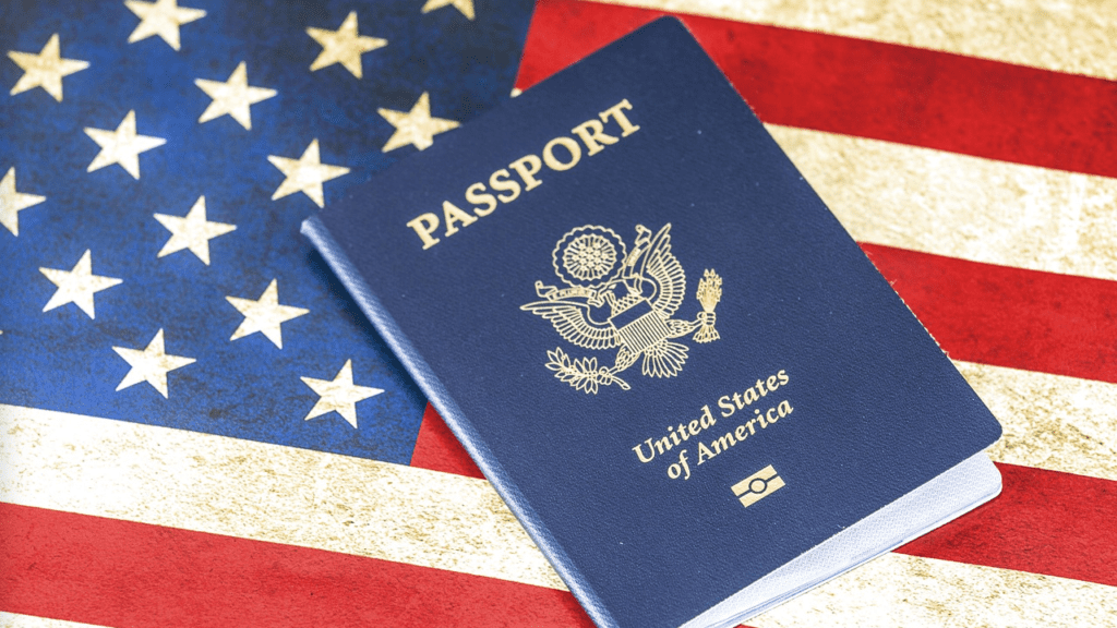 a passport on a flag