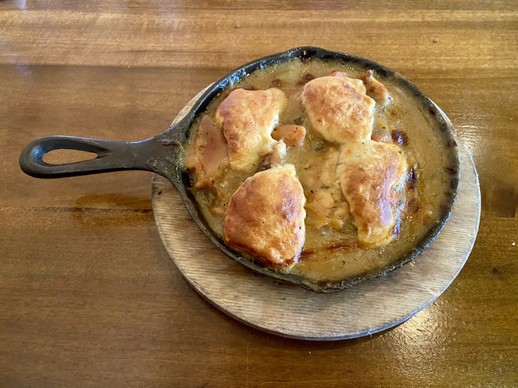 a skillet with food in it