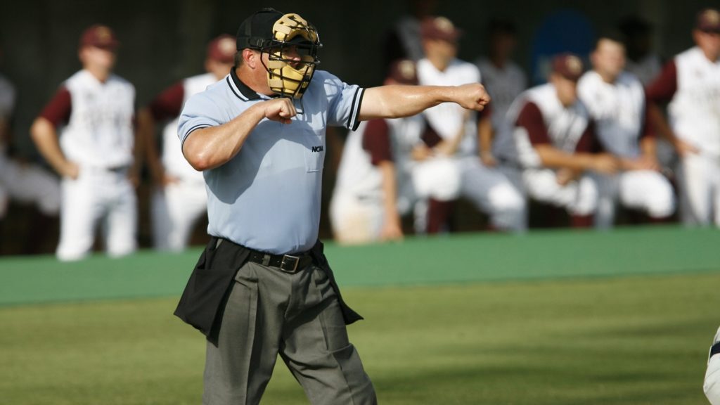 a baseball umpire with a mask on