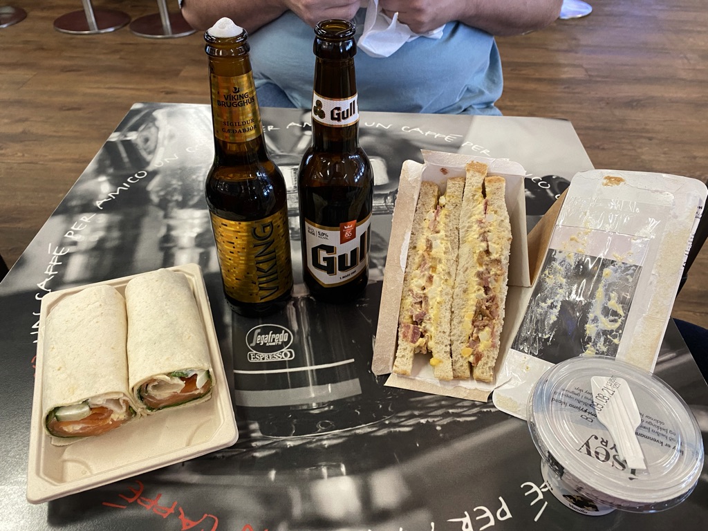 a table with food and beer