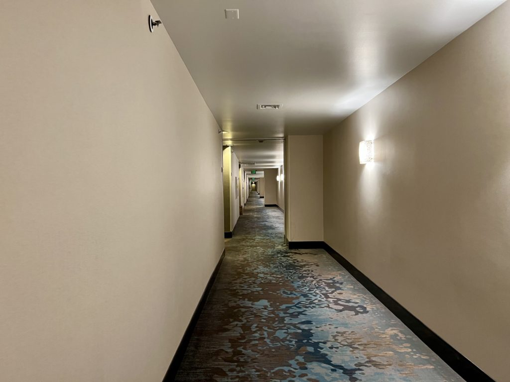a long hallway with a blue carpeted floor