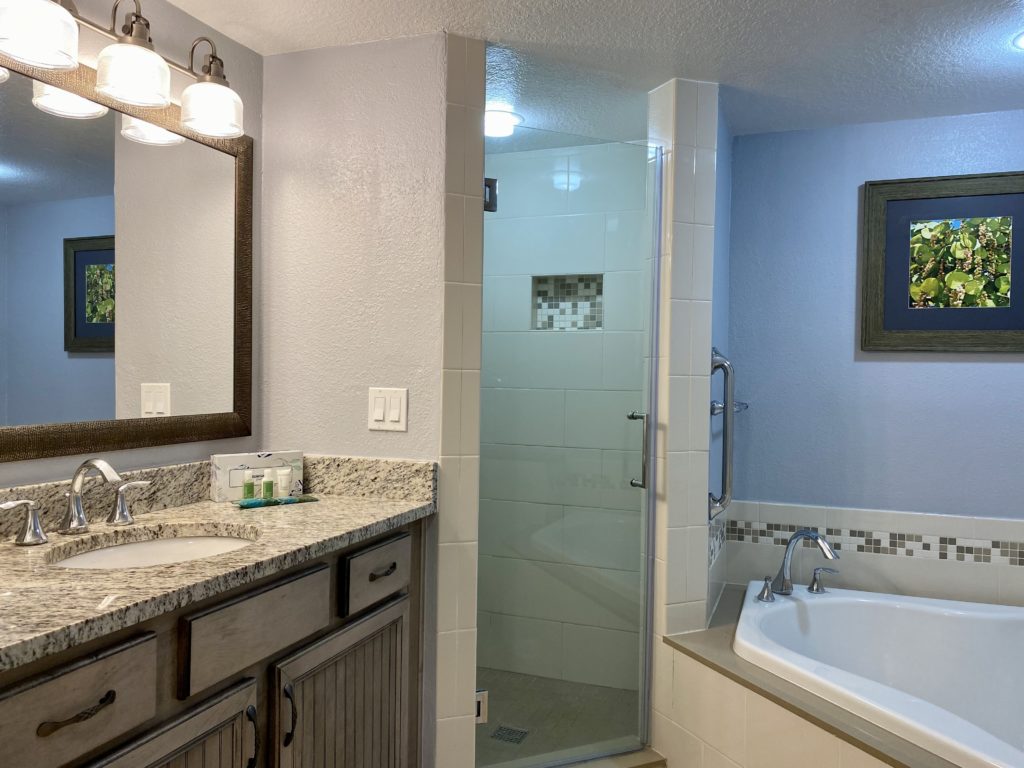 a bathroom with a sink and a shower